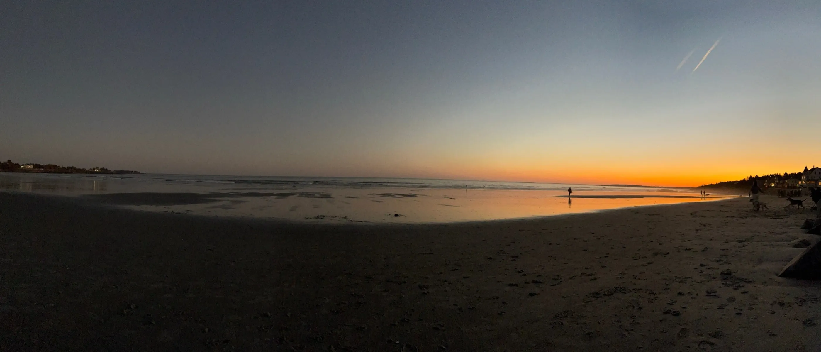 A wide beach at low tide just after sunset, with a few people walking dogs along the waterline.