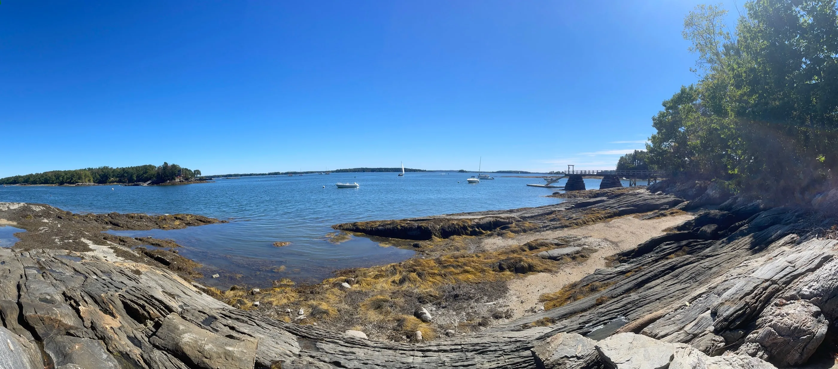 A rocky cove at low tide on a clear day, with seaweed on the ledges, a small footbridge and sailboats moored offshore.